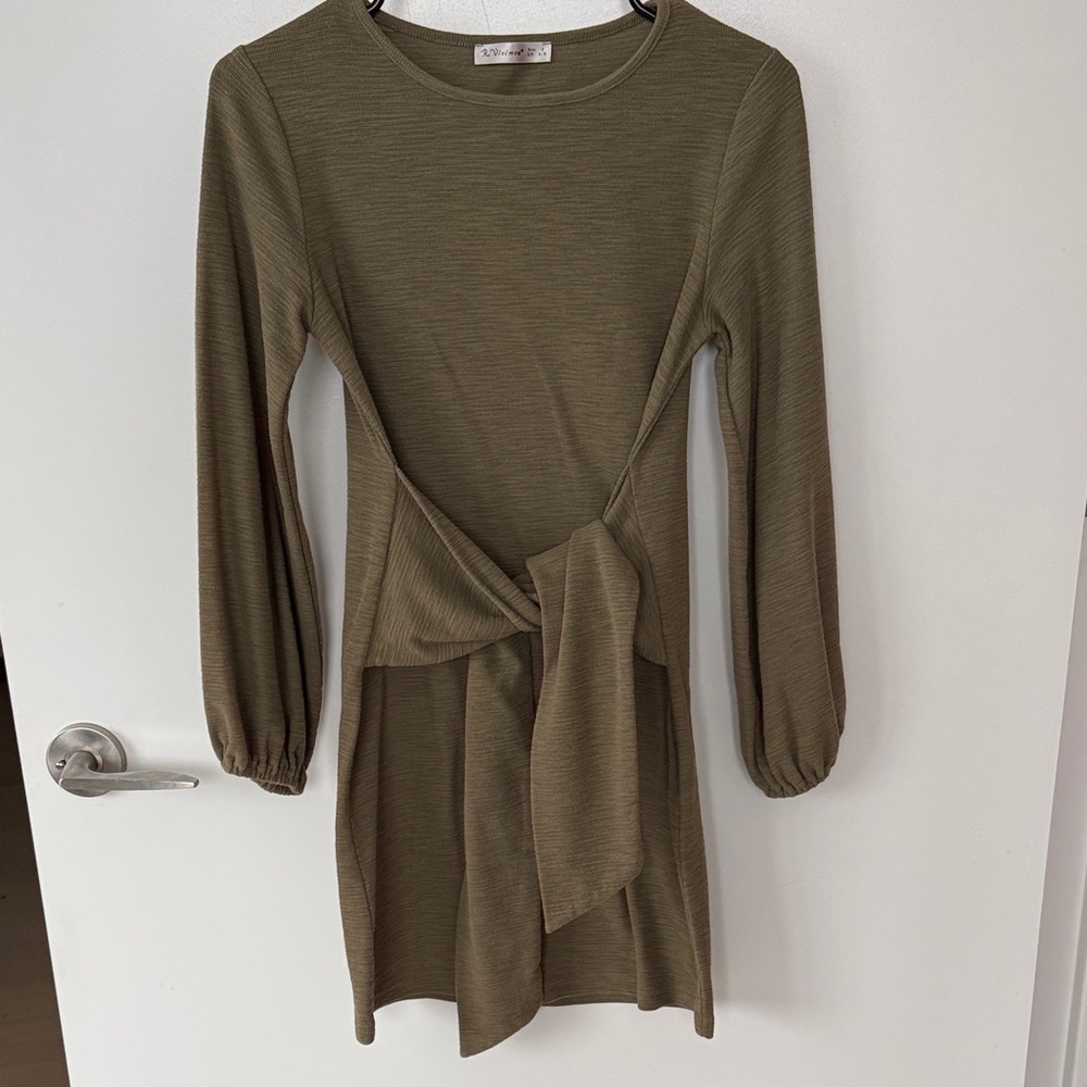 Olive Tie-Waist Long Sleeve Dress
